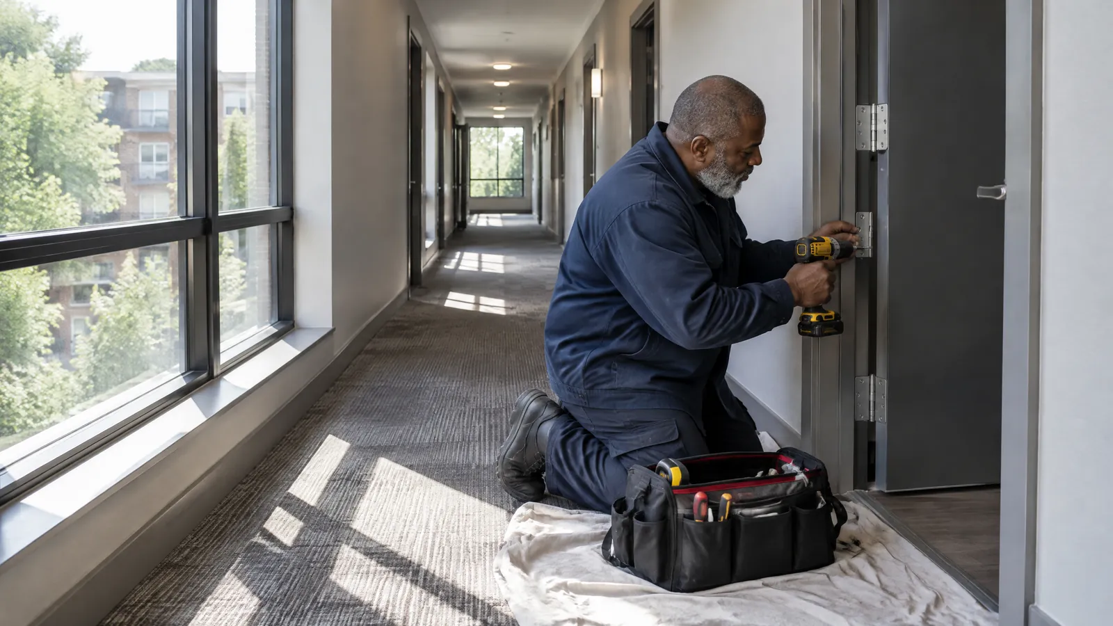 A maintenance technician kneels at an apartment entry door adjusting the hinge with a cordless drill in a sunny corridor