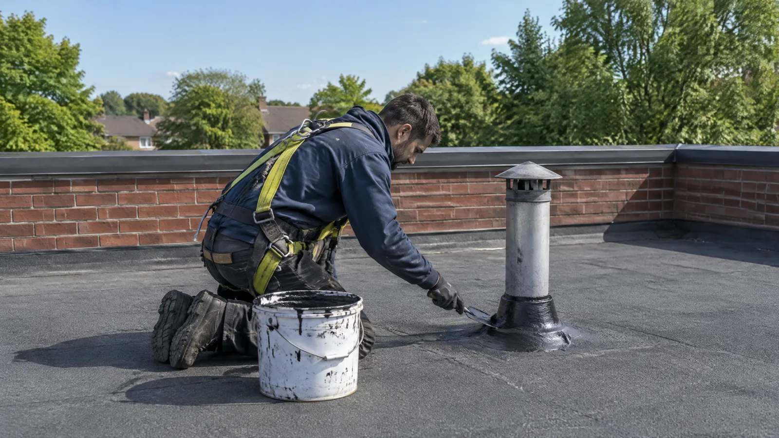 A roofer in a safety harness seals flashing around a vent on the flat roof of a Toronto brick apartment building