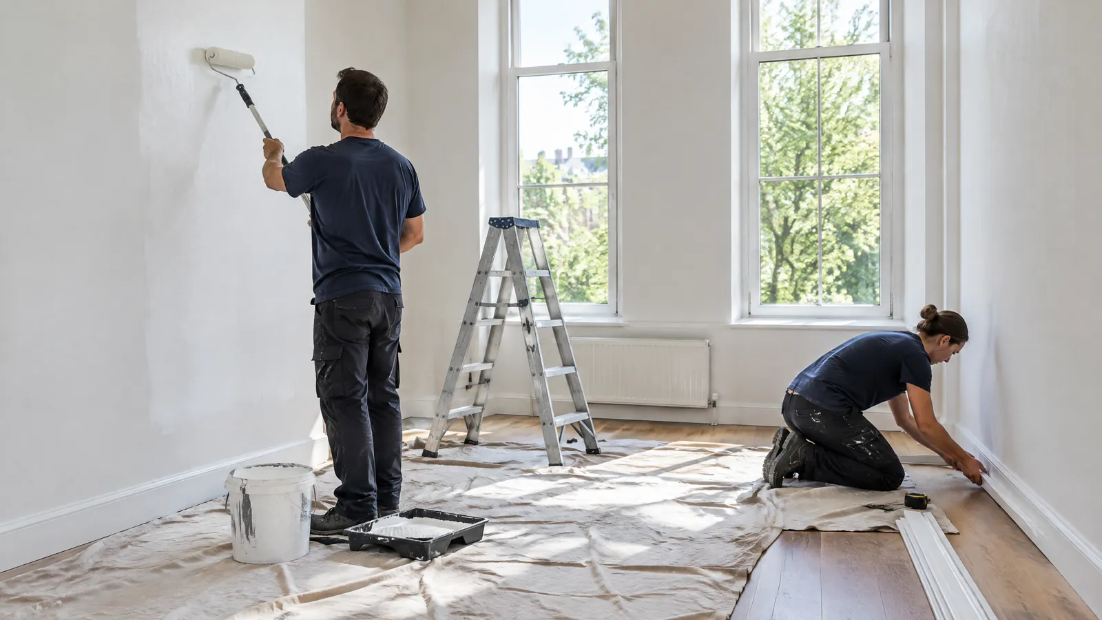 Two technicians paint a wall and fit new baseboard in an empty, sunlit rental apartment between tenants