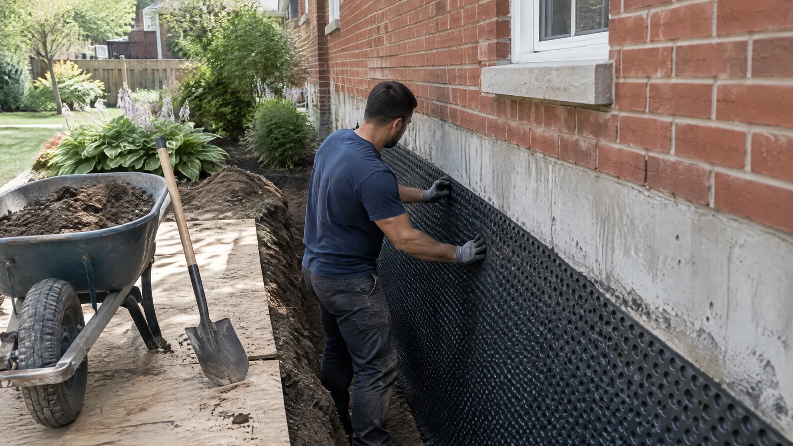 A waterproofing worker presses a dimpled membrane onto an exposed foundation wall in a trench beside a Toronto brick house