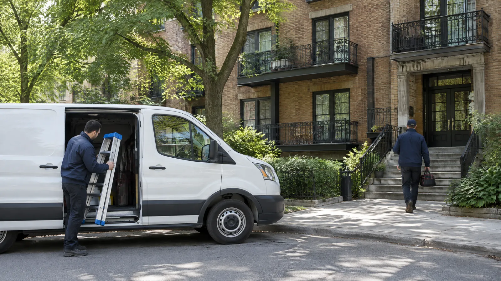 Two technicians unload a step ladder and a tool bag from a plain white van outside a buff brick Toronto walk up on a sunny morning