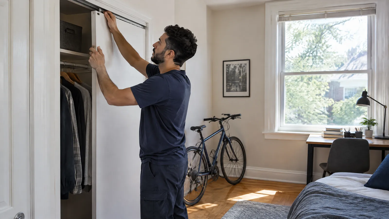 A maintenance technician rehangs a closet door in a bright student apartment bedroom, a bicycle against the wall