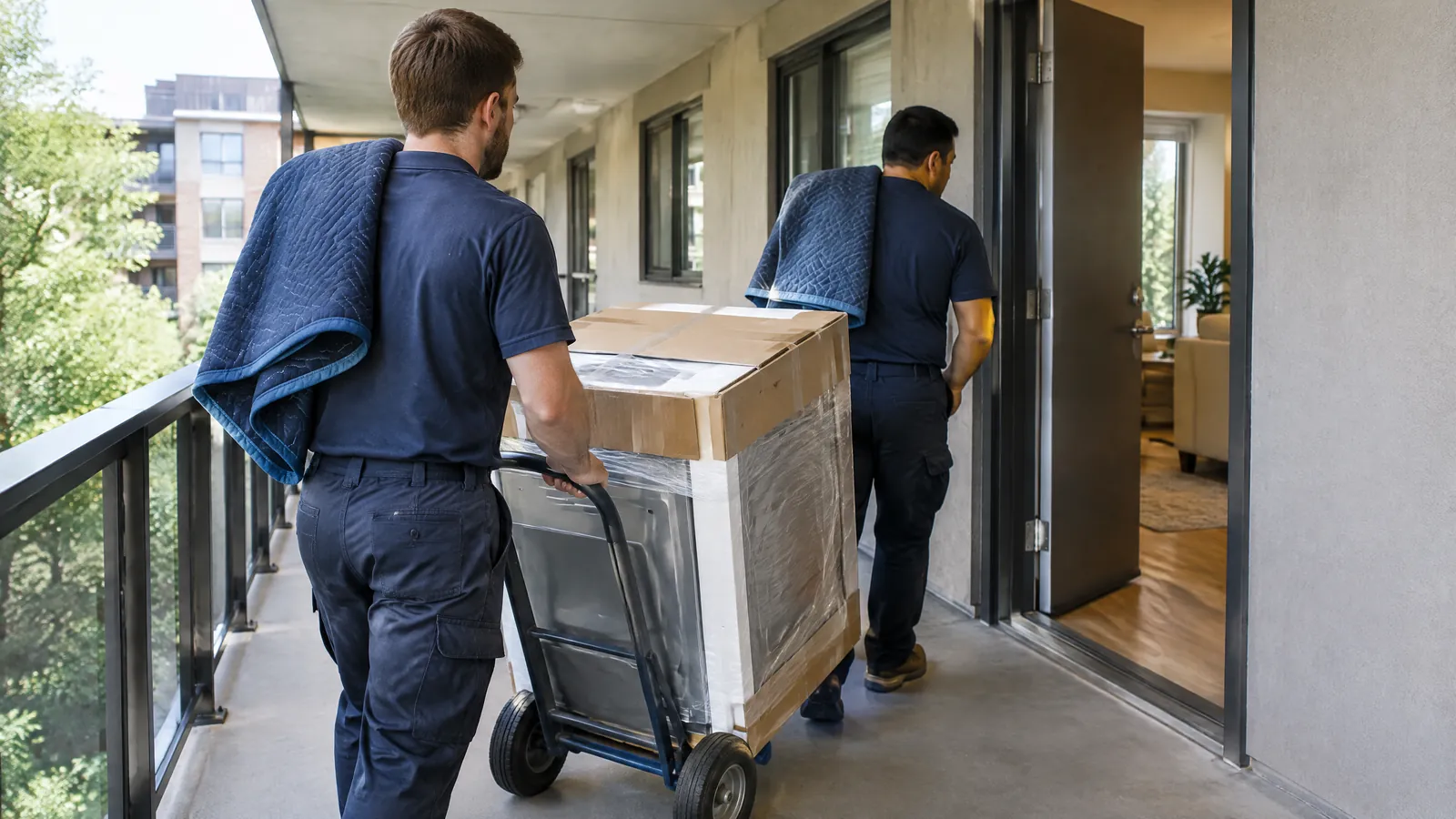 Two appliance installers wheel a boxed dishwasher along a condo corridor to an open unit