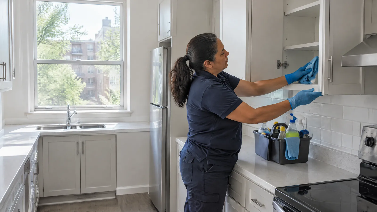 A cleaner wipes down the cabinets of an empty rental kitchen after move out in Toronto