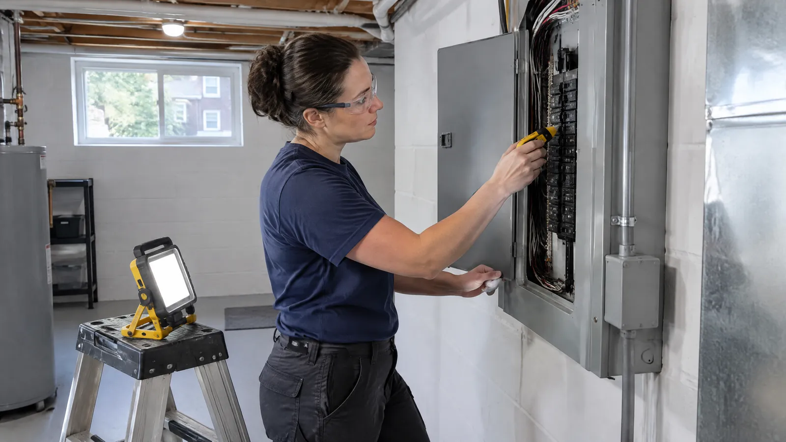 An electrician works at an open breaker panel in the basement of a Toronto rental house