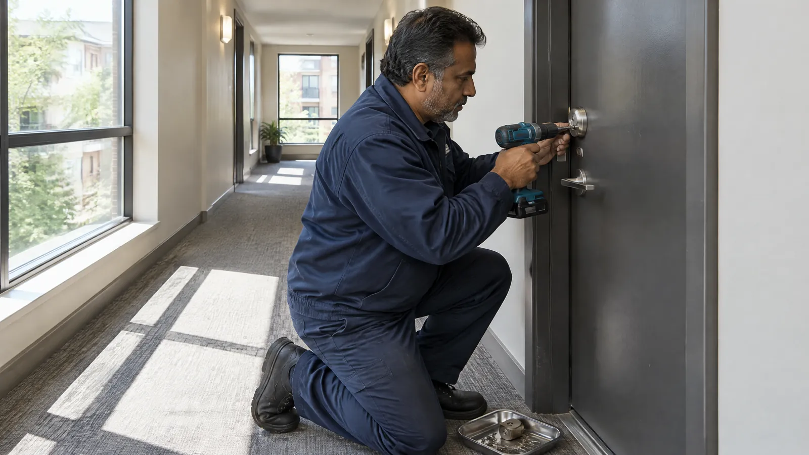 A handyperson fits a new deadbolt on an apartment entry door with a cordless drill