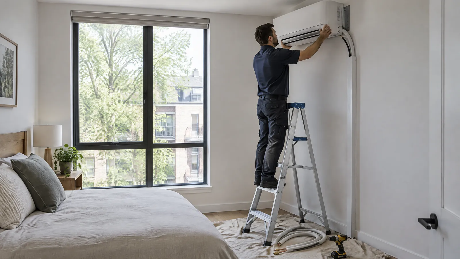 An HVAC technician mounts a ductless heat pump head on a bedroom wall in a Toronto apartment