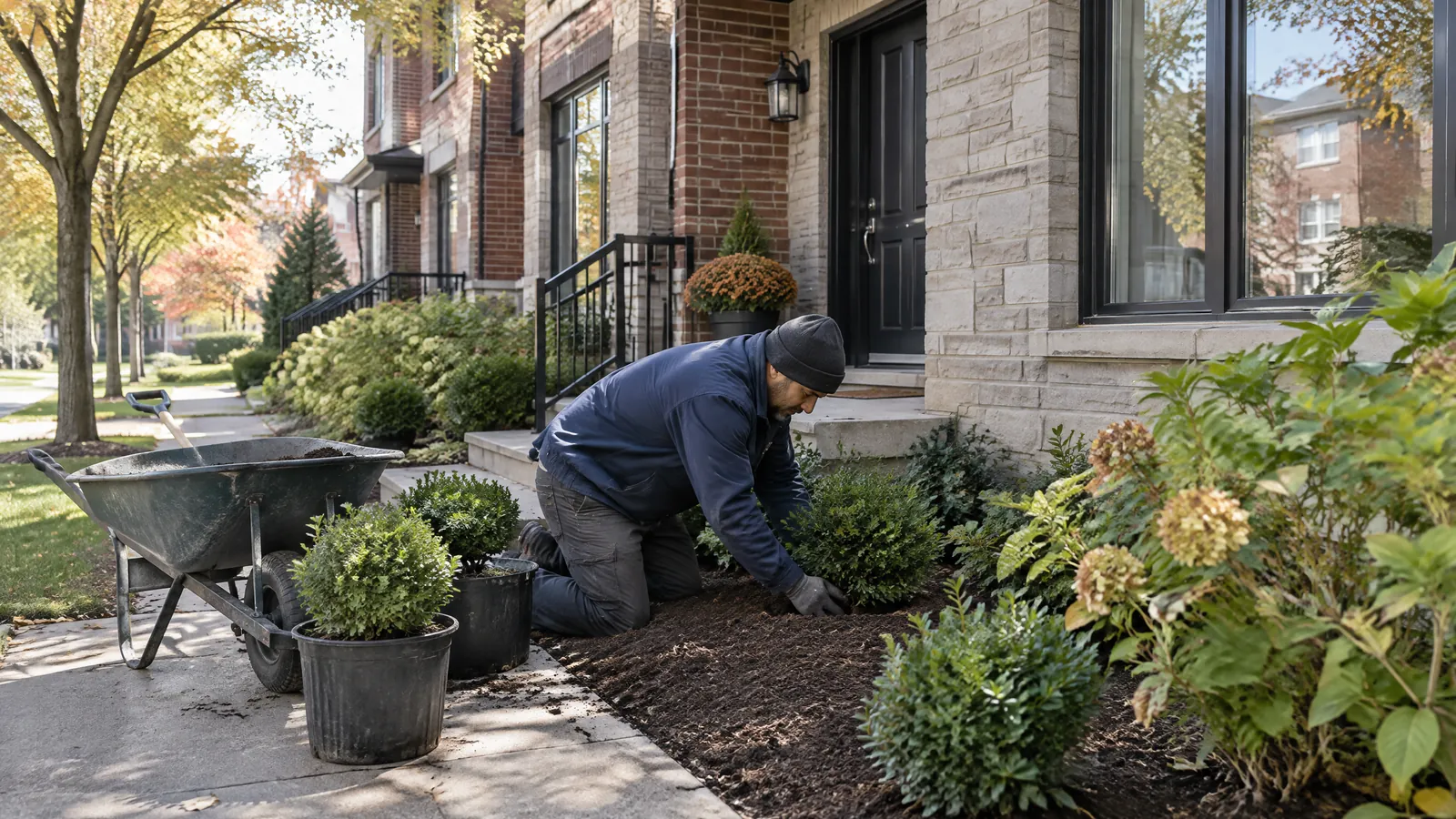 A landscaper plants shrubs along the front walk of a Toronto townhouse complex