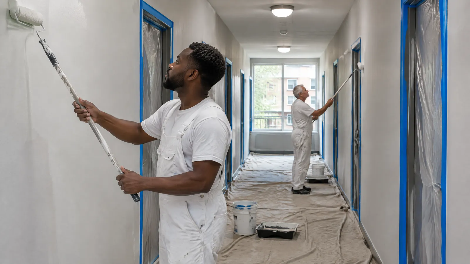 Two painters roll fresh paint along a taped apartment building corridor in Toronto