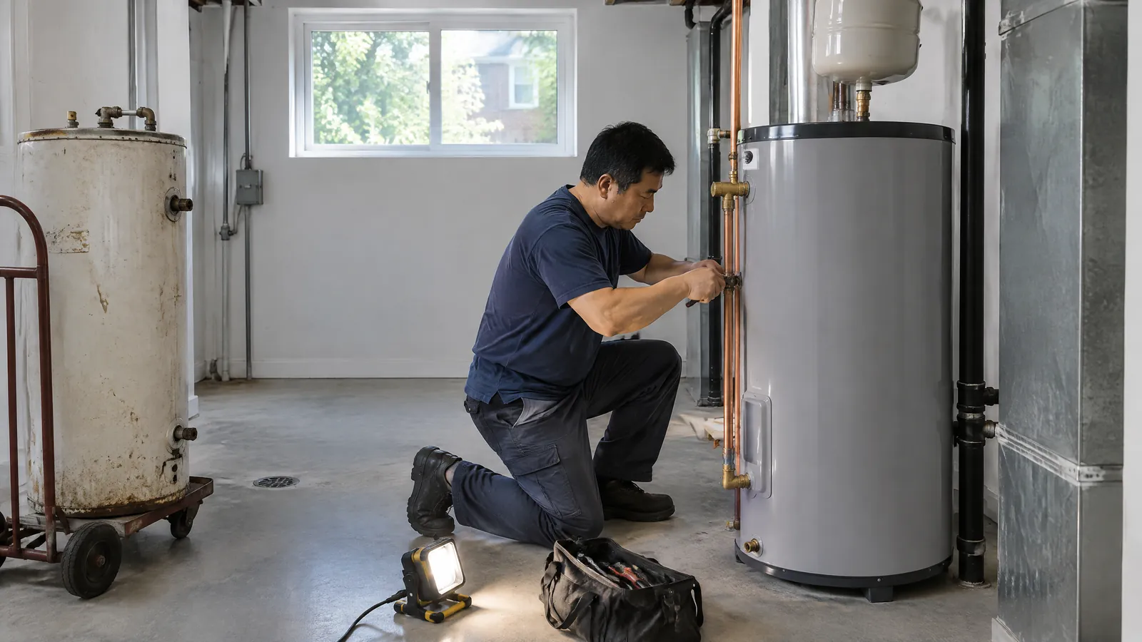 A plumber connects a new water heater in the basement utility room of a Toronto rental house