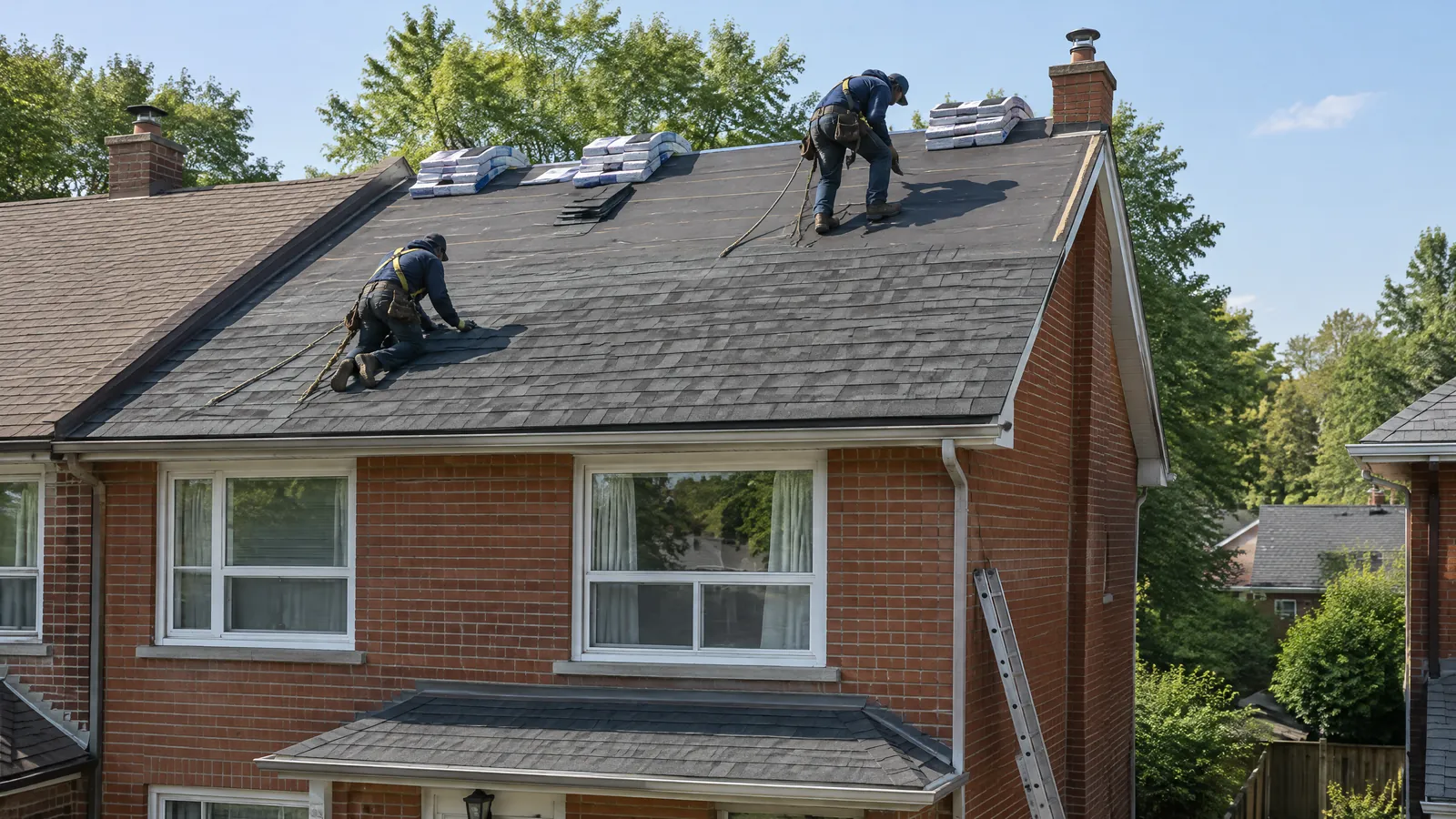 Two roofers in harnesses lay new shingles on a Toronto brick semi detached house