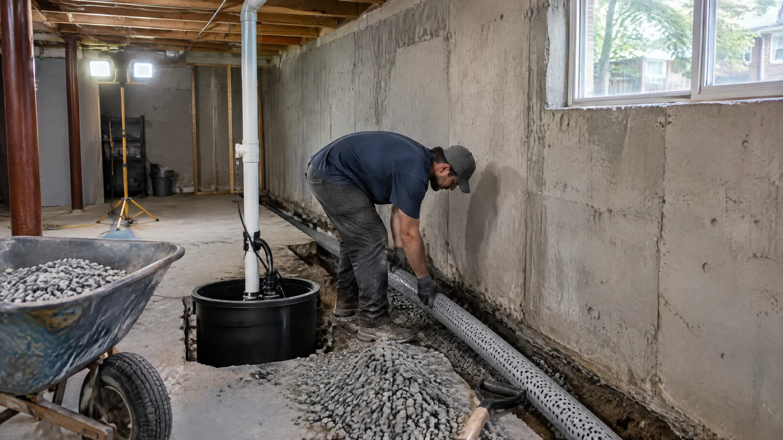 A waterproofing contractor lays interior drain pipe beside a new sump pit in a Toronto basement