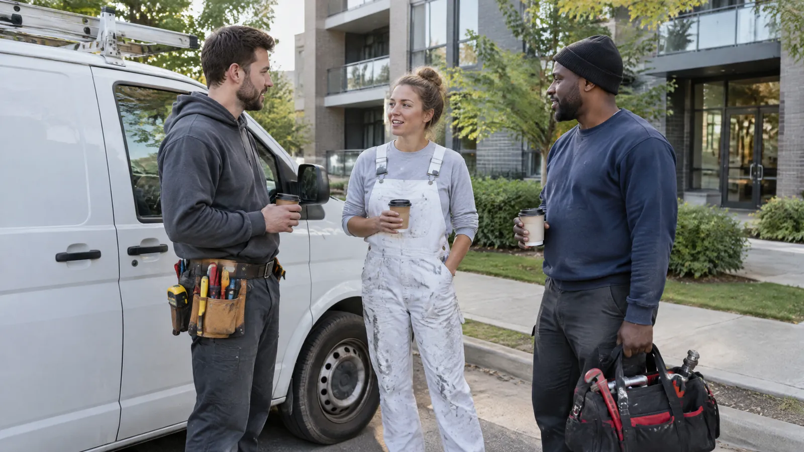 An electrician, a painter and a plumber talk over coffee beside a work van before starting at a Toronto apartment building