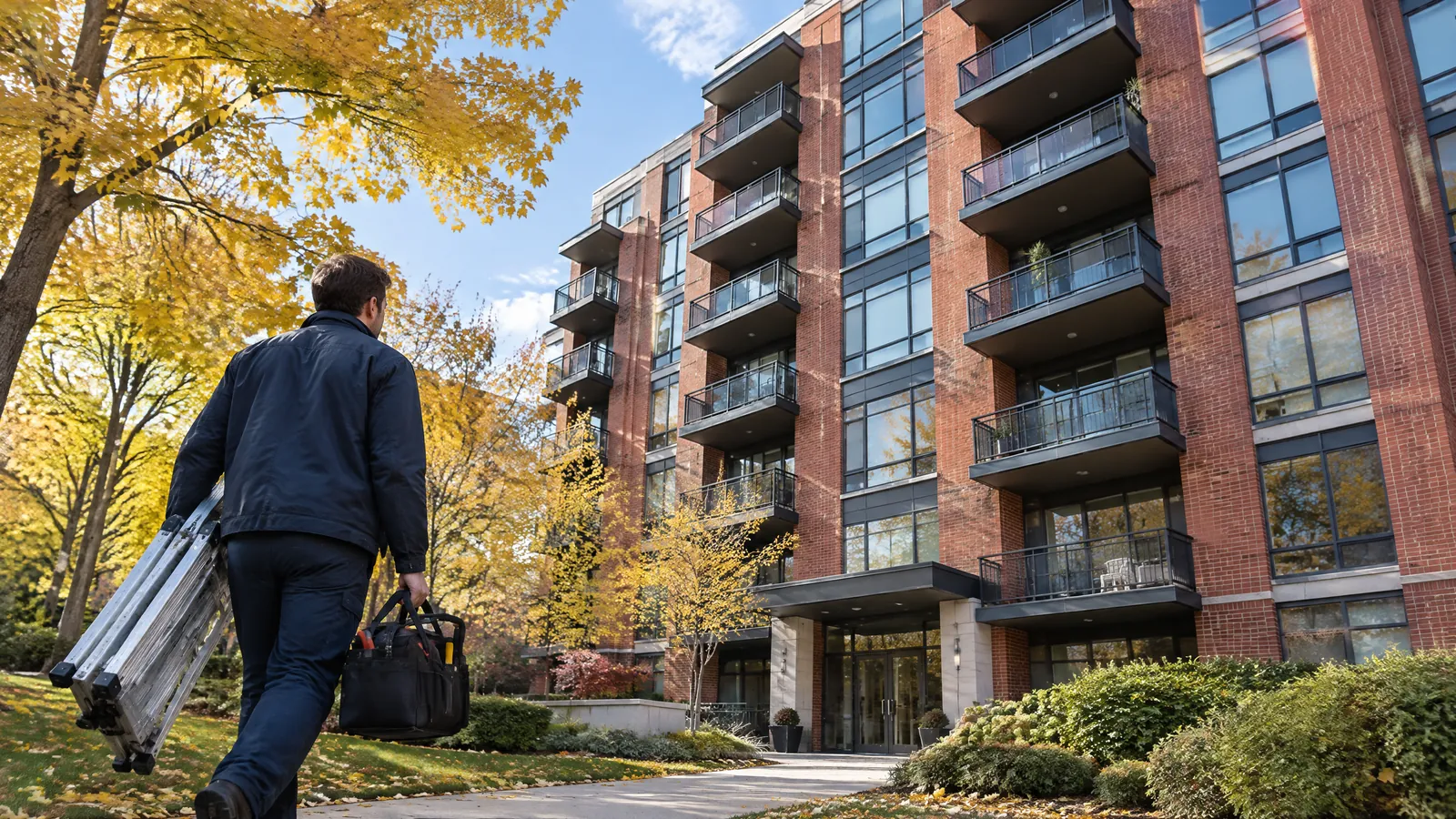A maintenance technician carries a step ladder and tool bag up the walk of a red brick Toronto apartment building under golden maples