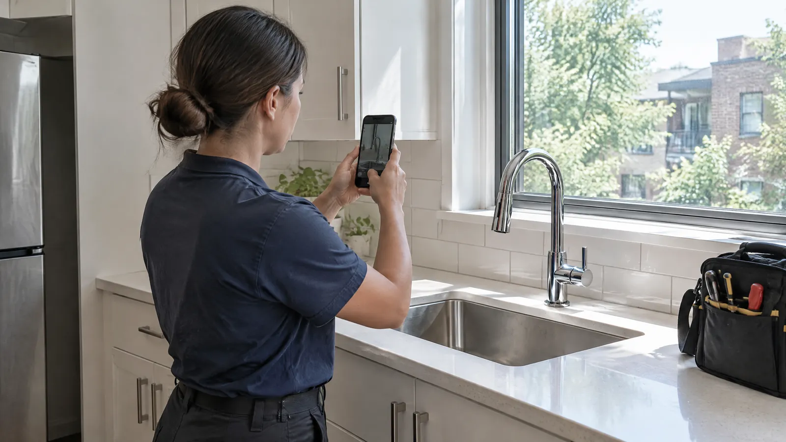 A technician photographs a newly fitted kitchen faucet with a phone for the job record